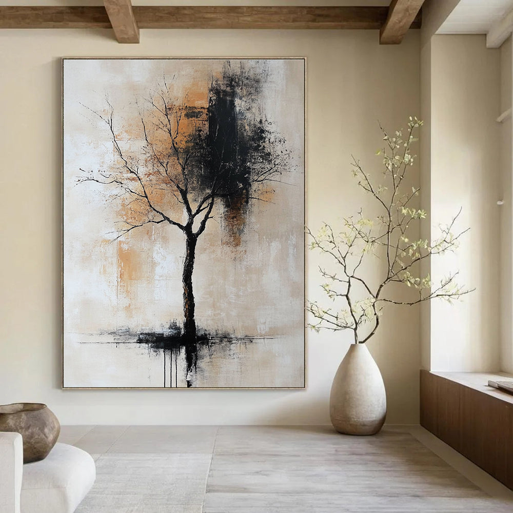 Large abstract painting in neutral gray beige and black hues reminiscent of vintage oil art. Perfect for contemporary decor.STSC837