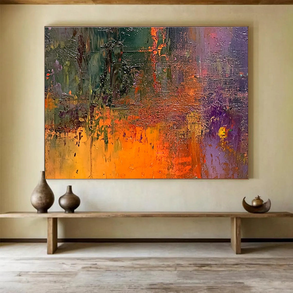 Vivid Textured Abstract Painting with Green Orange and Purple DYP516