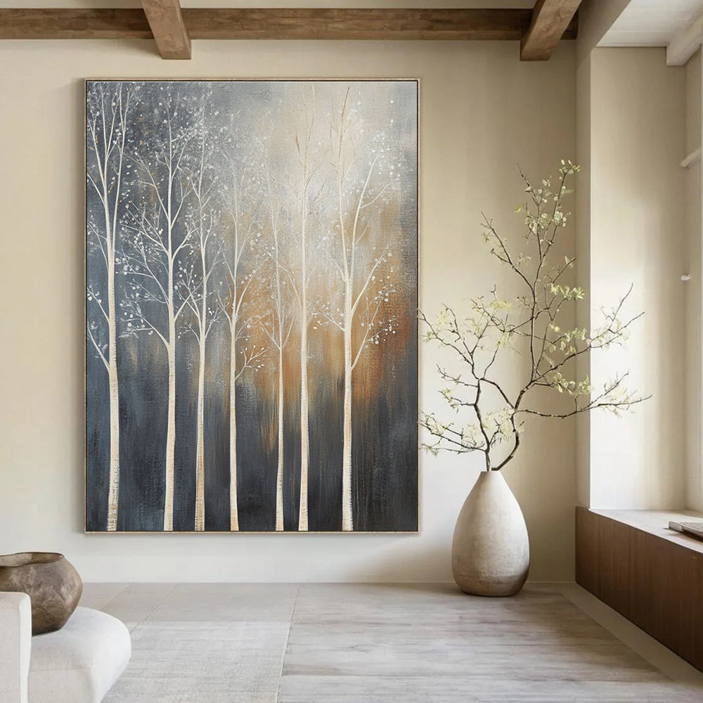 Large abstract painting of trees with white branches set against a dark gray background featuring muted tones and low contrast.STSC354