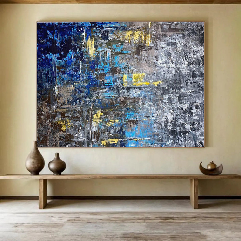 Blue Yellow Gray Abstract Painting with Urban, Industrial Inspirations THY379