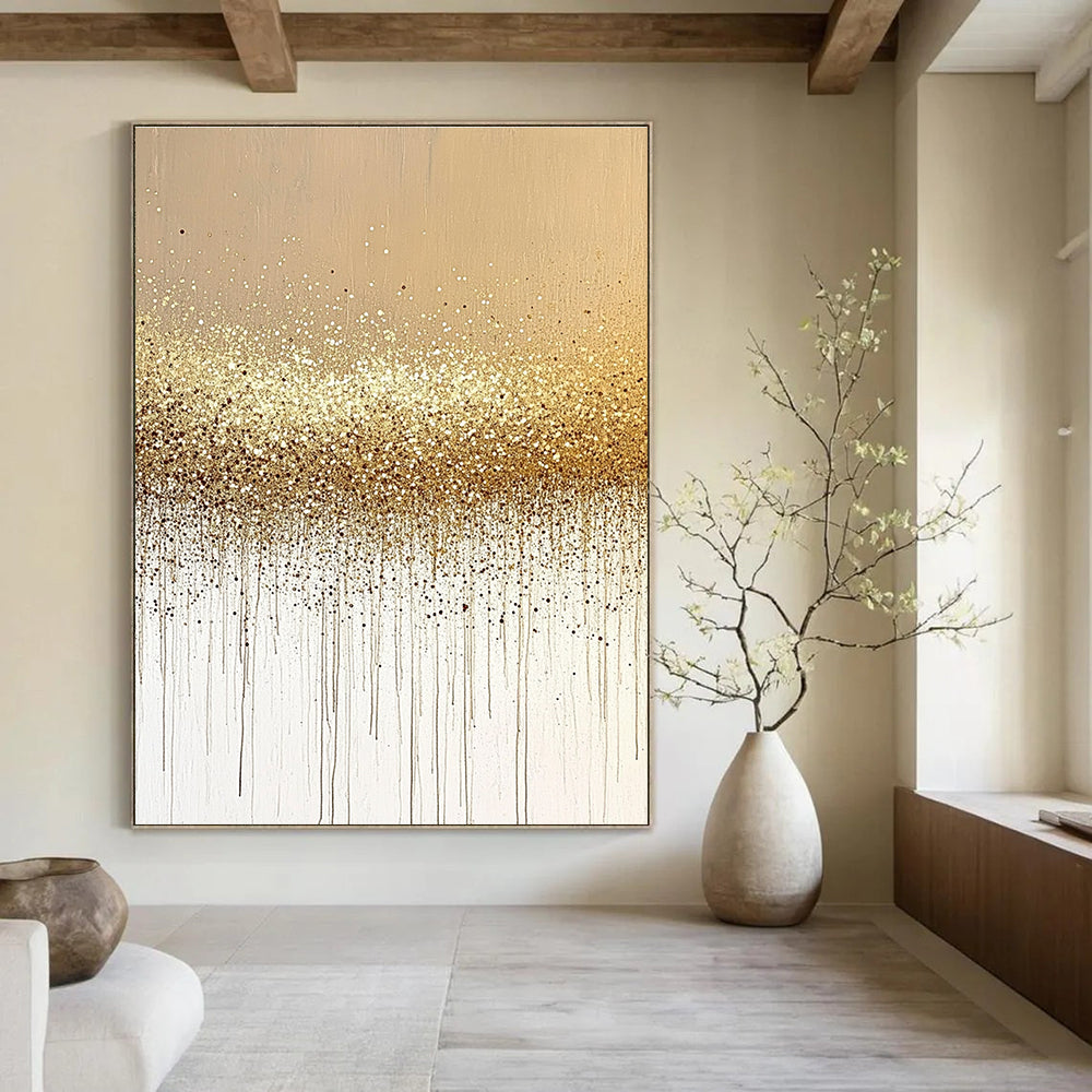 Abstract painting featuring sand and gold glitter on a neutral beige background, showcasing a minimalistic design in soothing tones.STSC994