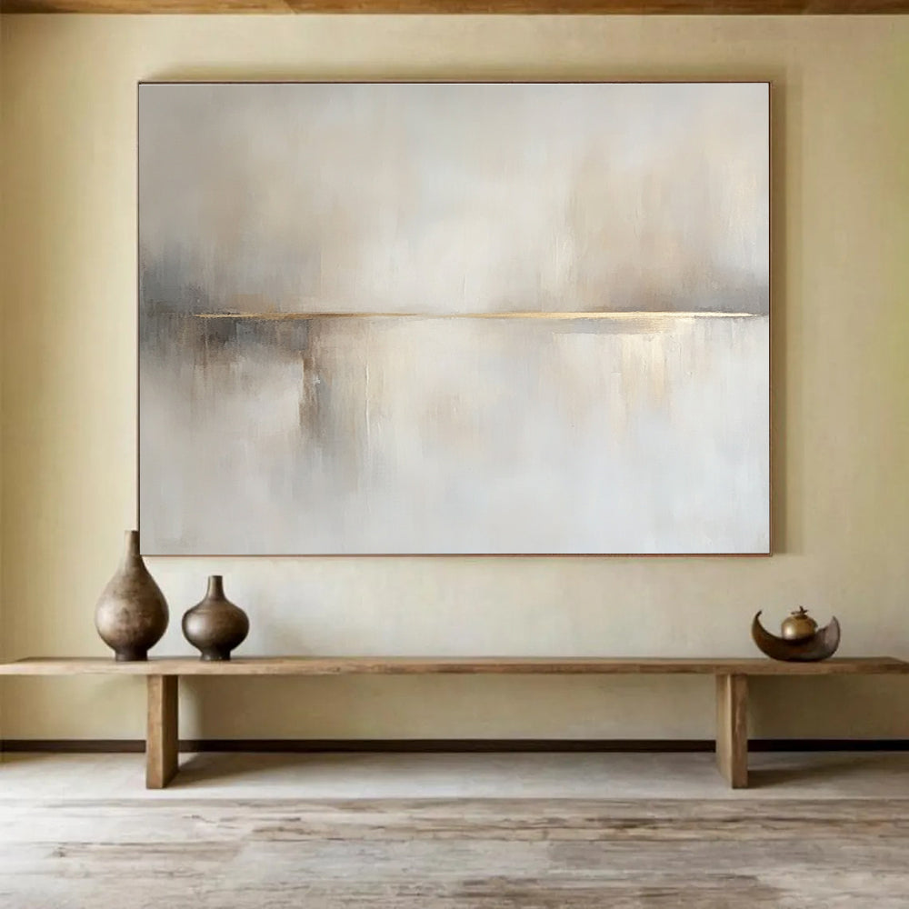 Large abstract painting in beige and white hues featuring soft tones, subtle brushstrokes, and a tranquil sea with a small boat.SC136