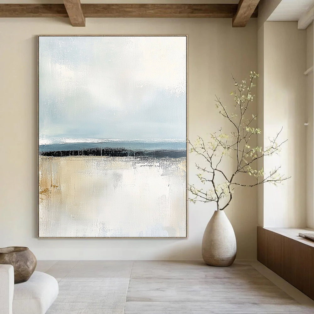 Large abstract painting with soft pastel colors and textured surface capturing serene coastal waters at dawn or dusk for emotional impact.STSC045