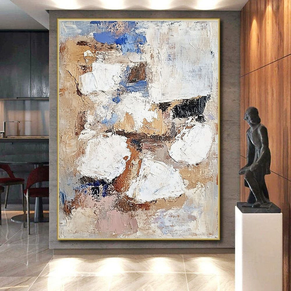 Beige Blue White Abstract Painting with Patchwork Design GER763