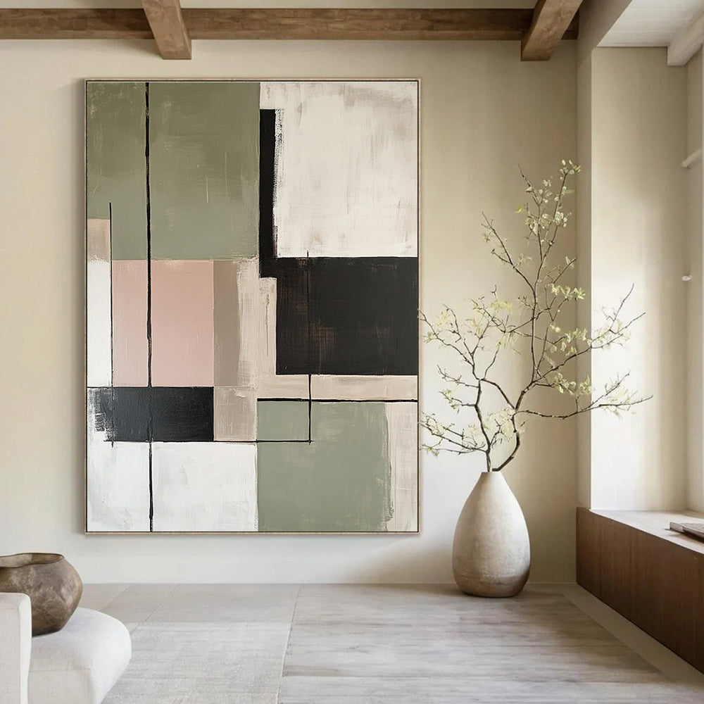 Large abstract painting featuring soft sage green beige and black color blocks with minimalist thin lines for an elegant modern decor.STSC810