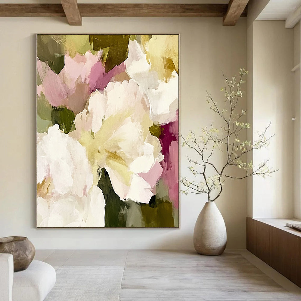 Large abstract painting featuring soft pinks whites and cream colors with loose brushstrokes of white peonies cream roses and sage green foliage.STSC055