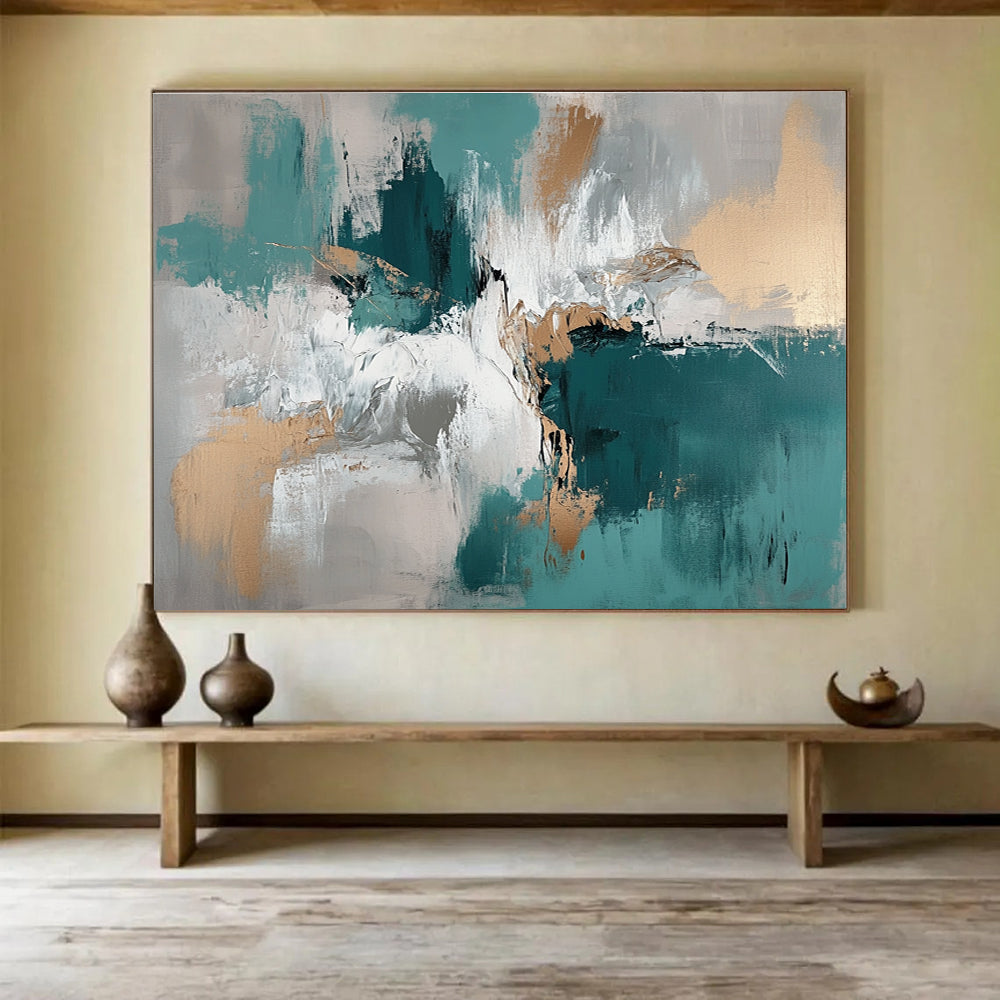 Large abstract painting with muted teal beige and brown tones depicting water and ice creating a profound depth on the canvas.SC243