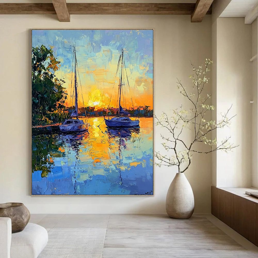 Large Abstract Painting of sailboats at sunset with soft brush strokes and vibrant colors creating tranquility and harmony between nature and human creation.STSC1393