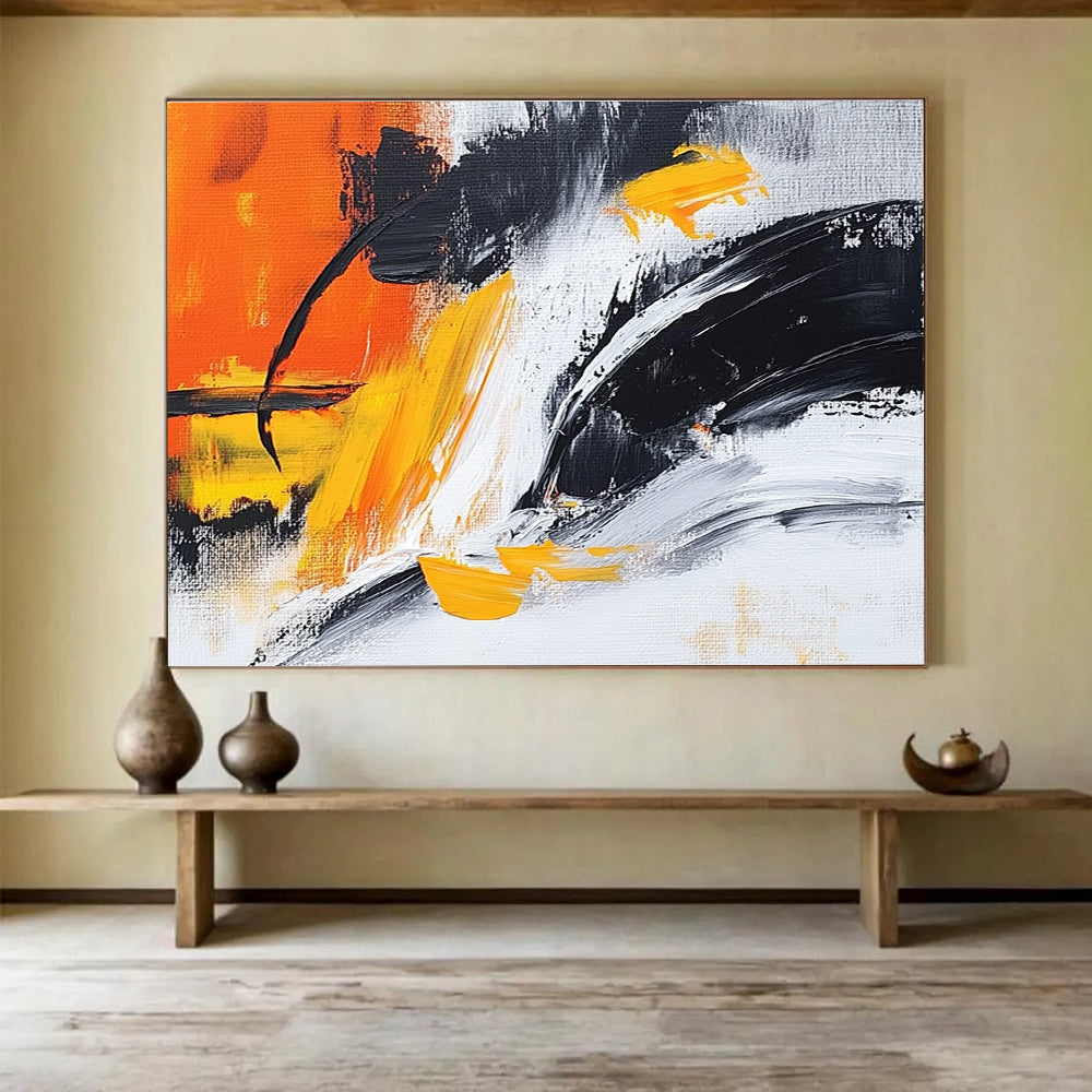 Orange Yellow Black Abstract Painting with Dynamic Brushstrokes DYP301