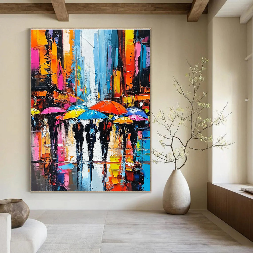 A large abstract painting showcasing vibrant city streets with people under colorful umbrellas and towering skyscrapers emphasizing expressive faces and dynamic brushstrokes.STSC850
