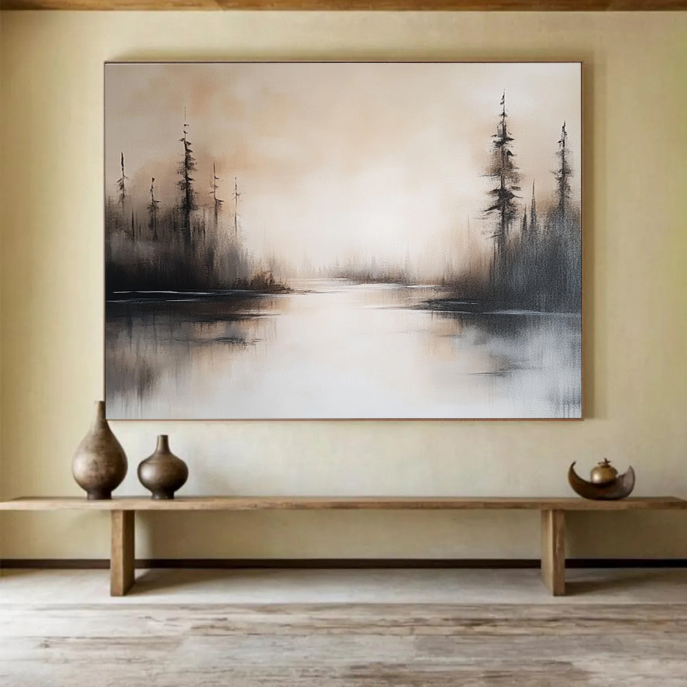 Abstract painting featuring a serene lake landscape in neutral tones with soft brush strokes and misty water reflections capturing a peaceful setting.SC052