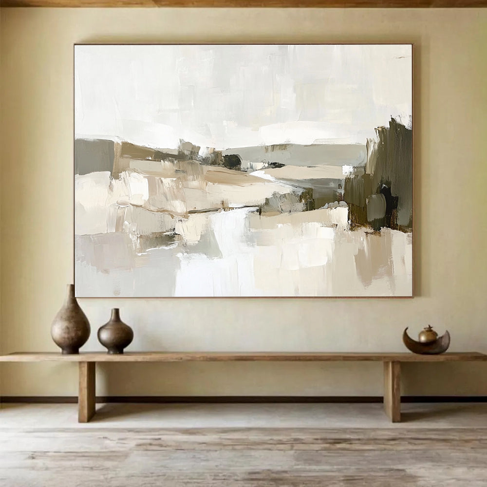 Large abstract oil painting of the French countryside with thick brush strokes depicting a river and hills in muted earth tones.SC128