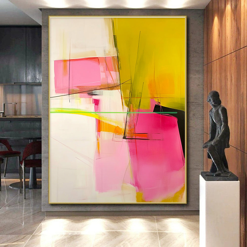 Pink and Yellow Abstract Painting with Geometric Elements GER629