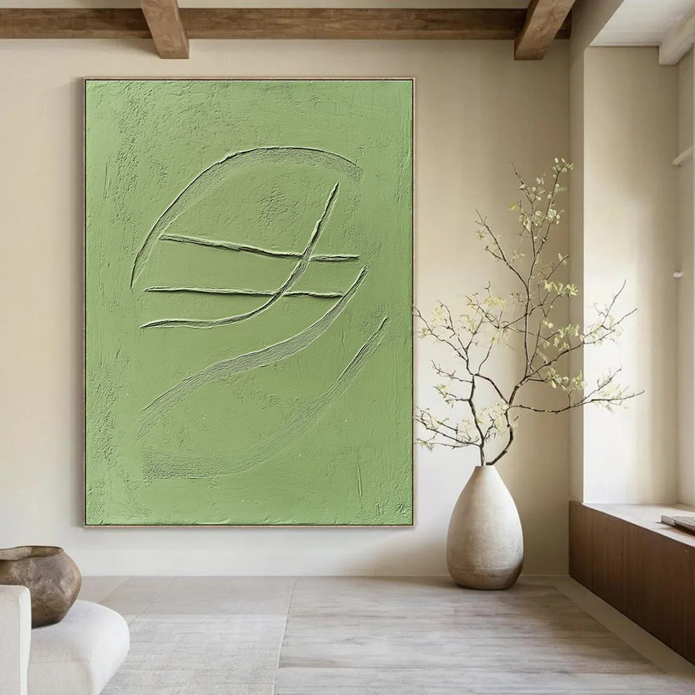 Abstract art featuring a smooth green clay tile with embossed three curved lines against a solid green background.STSC1010