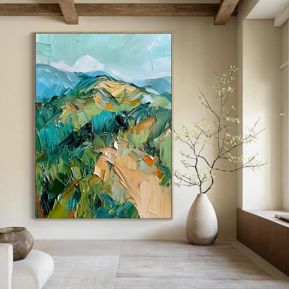 Large abstract oil painting featuring green and blue hills with thick impasto brush strokes for a vibrant artistic statement.STSC187