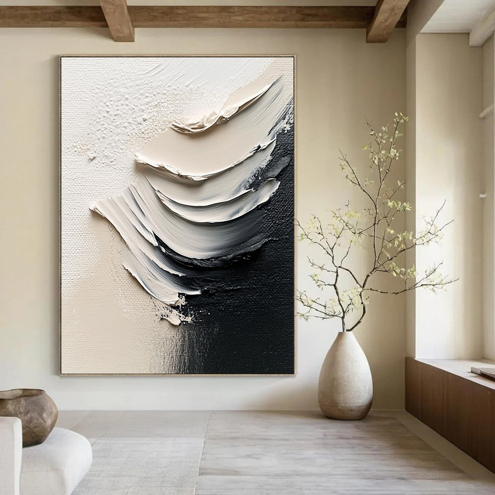 Large abstract painting featuring white paint and black brushstrokes in a minimalist style with delicate details and high-definition photography.STSC1485