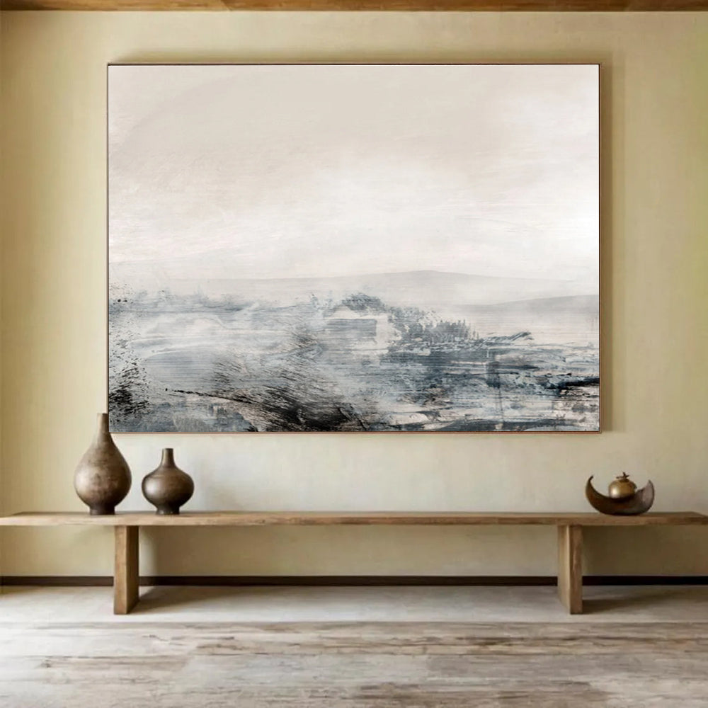 Muted Landscape Abstract Painting with Soft Grey and Beige Tones THY136