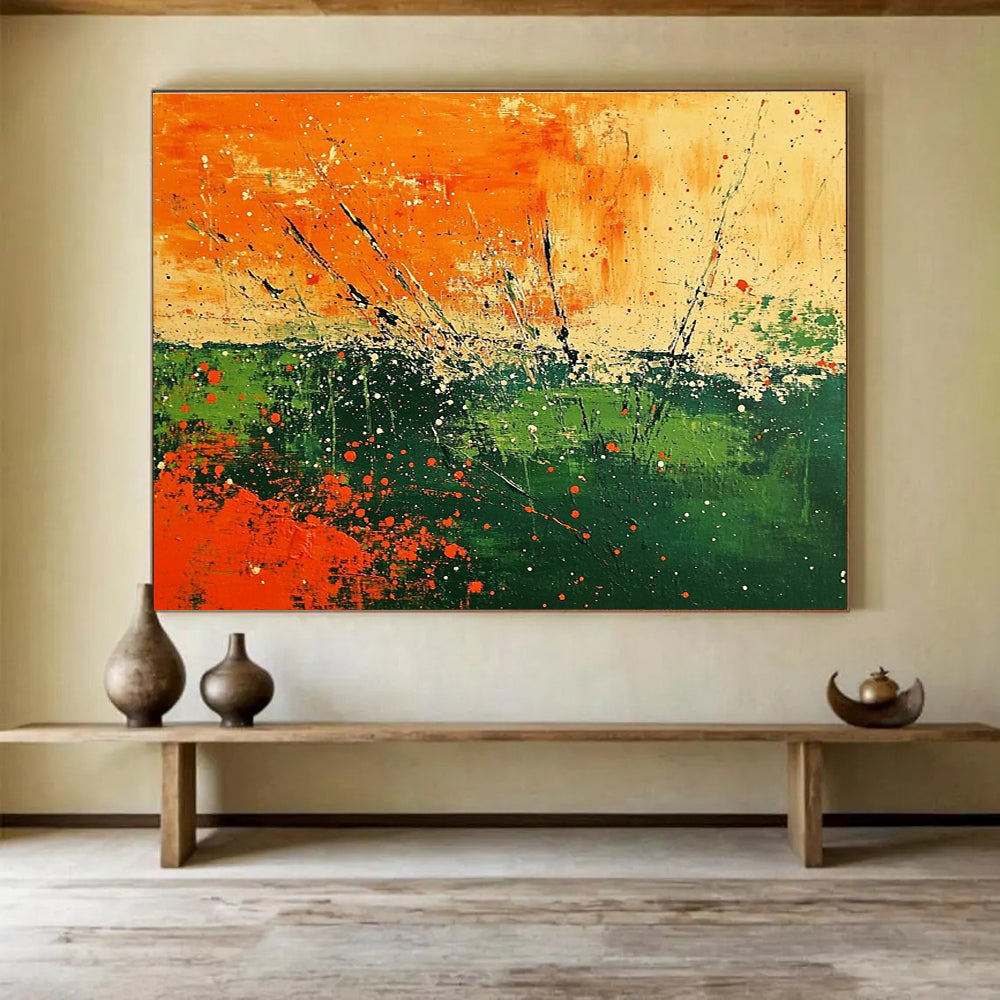 Abstract landscape featuring vibrant orange and green hues with textured brush strokes and splattered paint adds a unique touch to any space.SC090