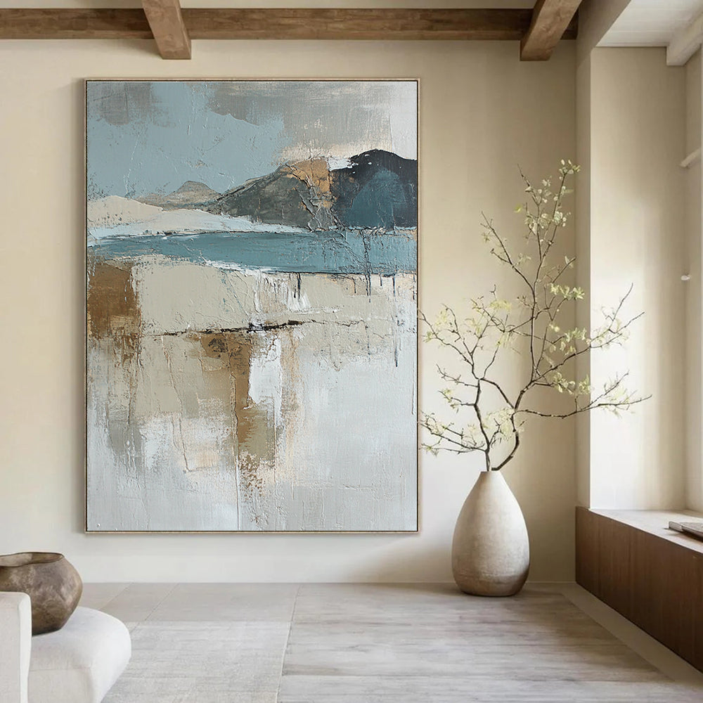 Large abstract oil painting of an Arctic landscape featuring muted earth tones and blue hues enhanced by textured brush strokes.STSC145