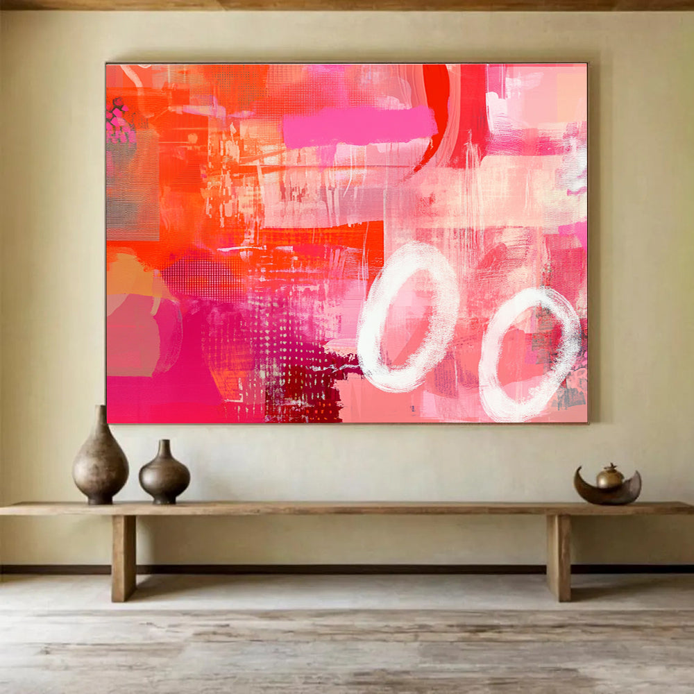 Pink and Orange Dominated Abstract Painting with White Circles DYP133
