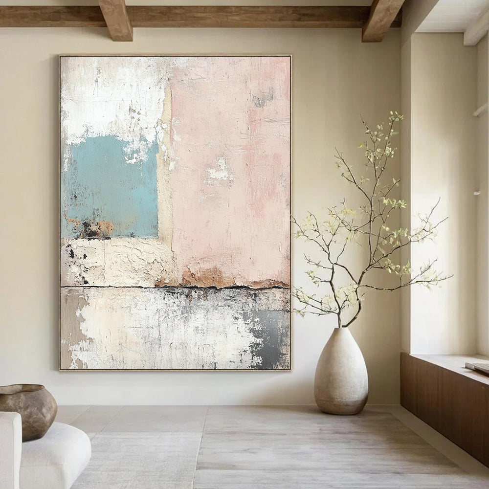 Large abstract painting featuring a weathered wall in soft pastels with a nostalgic texture reminiscent of vintage wallpaper.STSC657