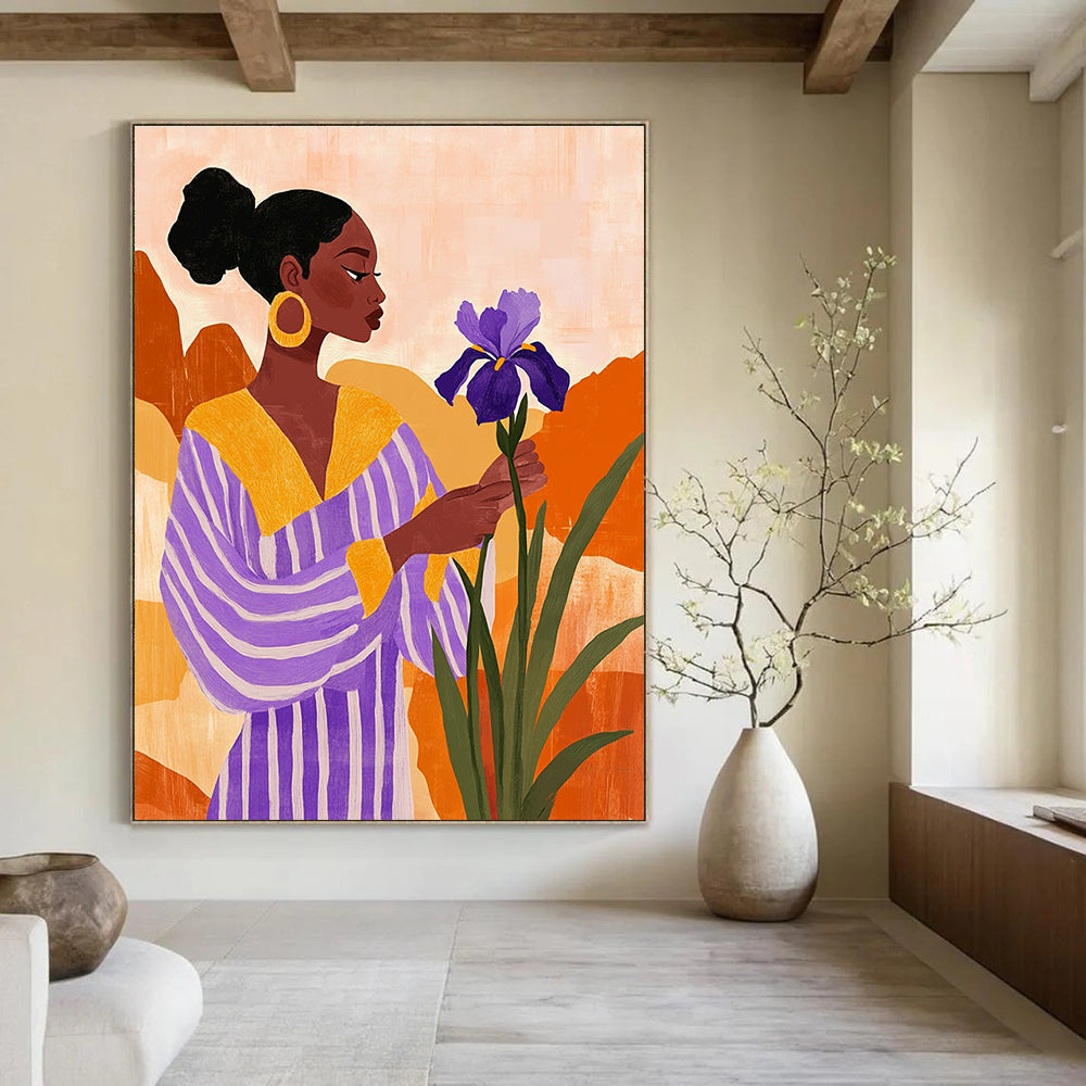A large abstract painting featuring an African American woman with an iris flower in a vibrant desert landscape, styled with vintage aesthetics and textured elements.STSC535