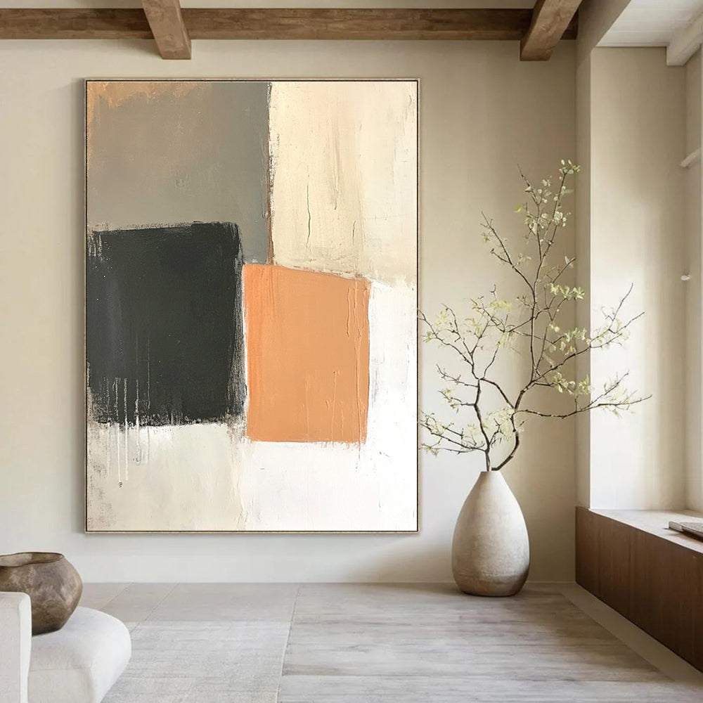Abstract painting featuring an off-white wall with light orange and dark gray squares in a muted color palette and loose brushstrokes.STSC654