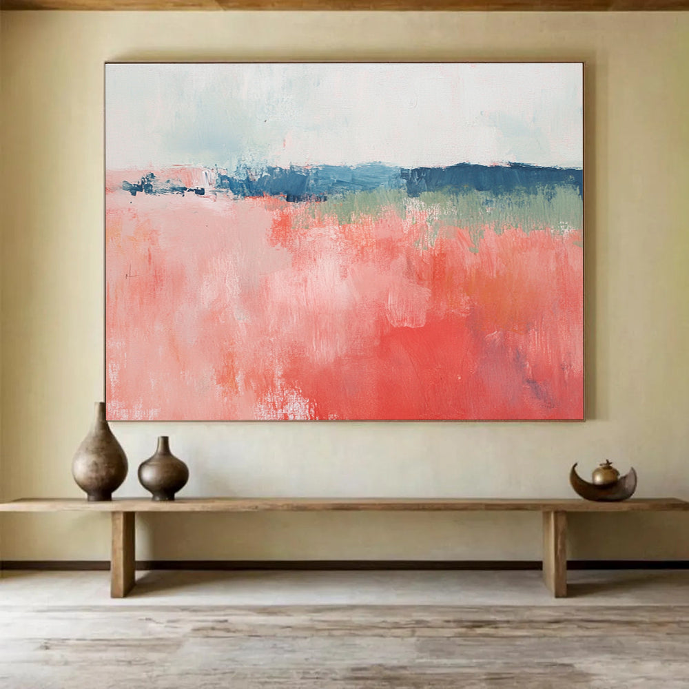 Coral Pink and Blue Abstract Painting with Expressive Brushstrokes DYP216