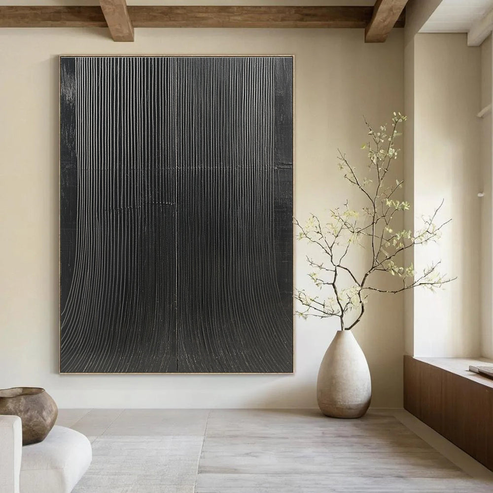 Large abstract painting featuring textured black canvas with S-shaped vertical lines in minimalist style high contrast smooth curves and waves.STSC1280