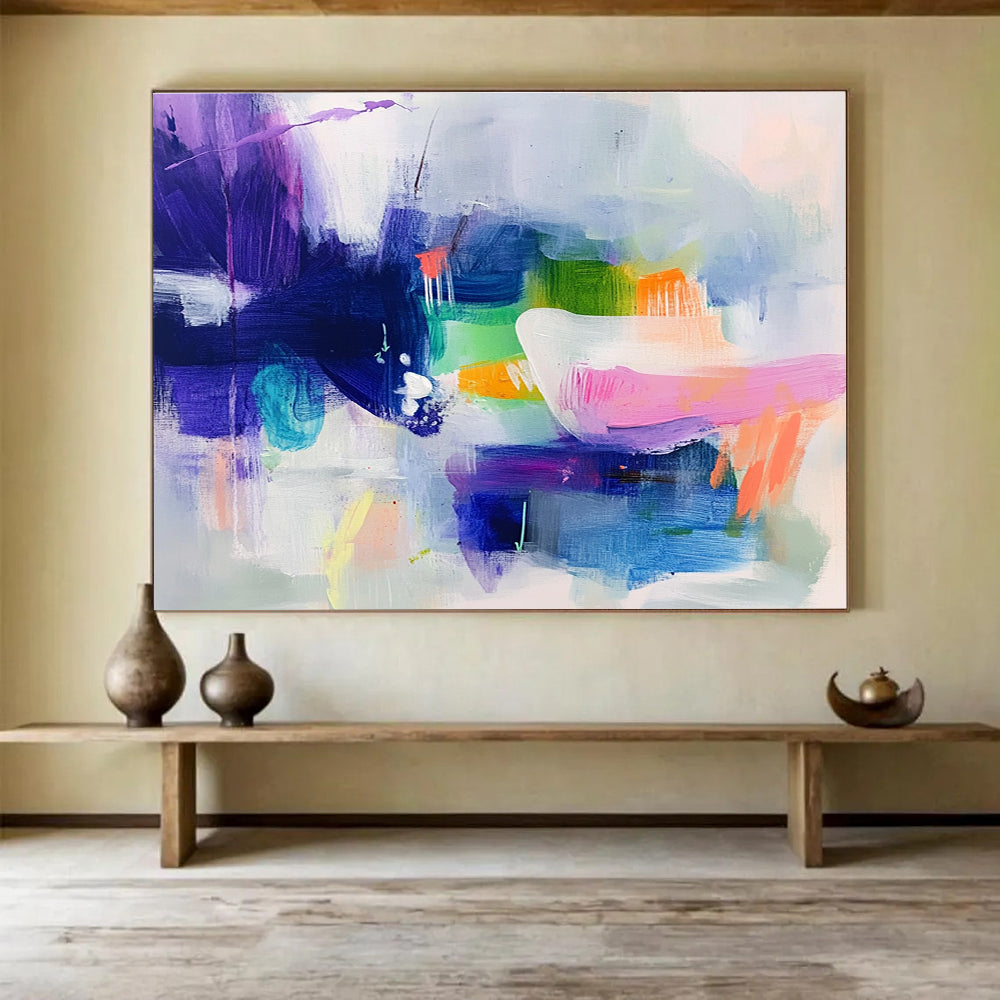 Large abstract painting featuring cool colors with soft shapes suggesting houses and flowing water creating a serene dreamy atmosphere.SC342