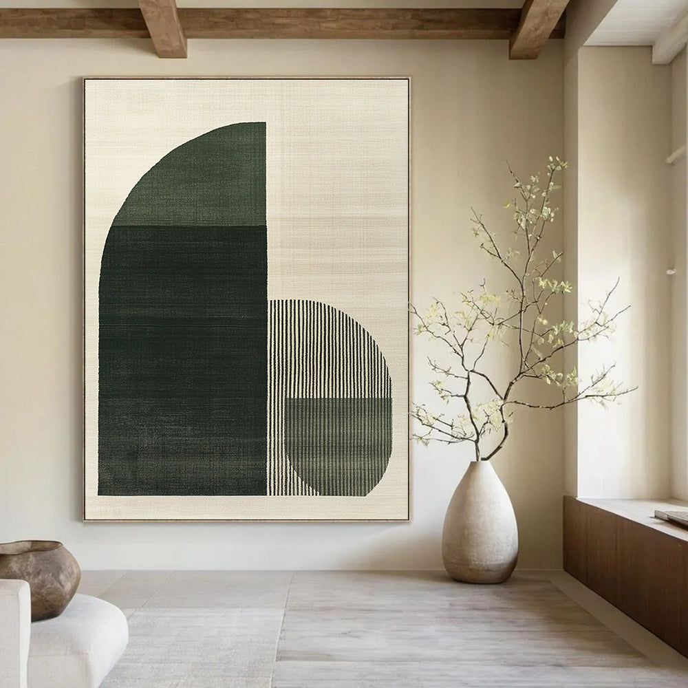 Large abstract painting featuring green and grey arch shapes with three dark gray stripes on a light beige textured background.STSC1081