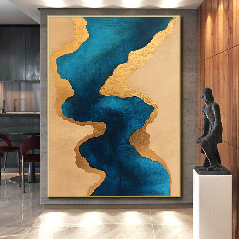 Blue and Gold Fluid - Shaped Abstract Painting GER234