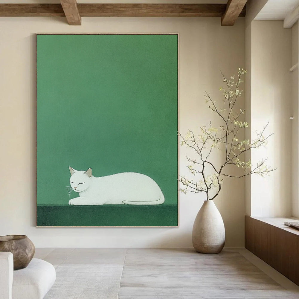 A large abstract painting featuring a white cat on a vibrant green background inspired by Euan Uglow and Atey Ghailan's styles.STSC1473