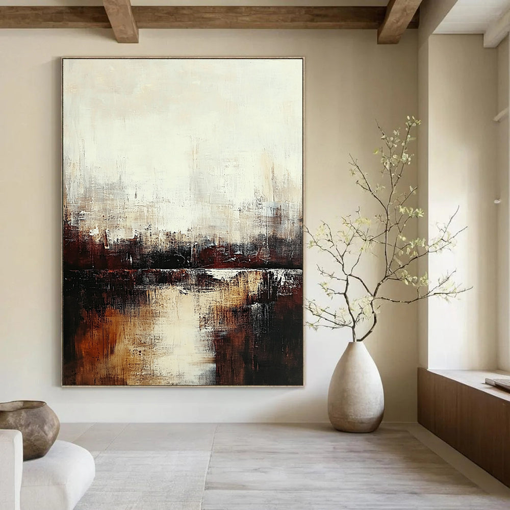 Large abstract painting featuring a serene cityscape in muted tones of white and brown evoking tranquility and introspection through soft brushstrokes.STSC724