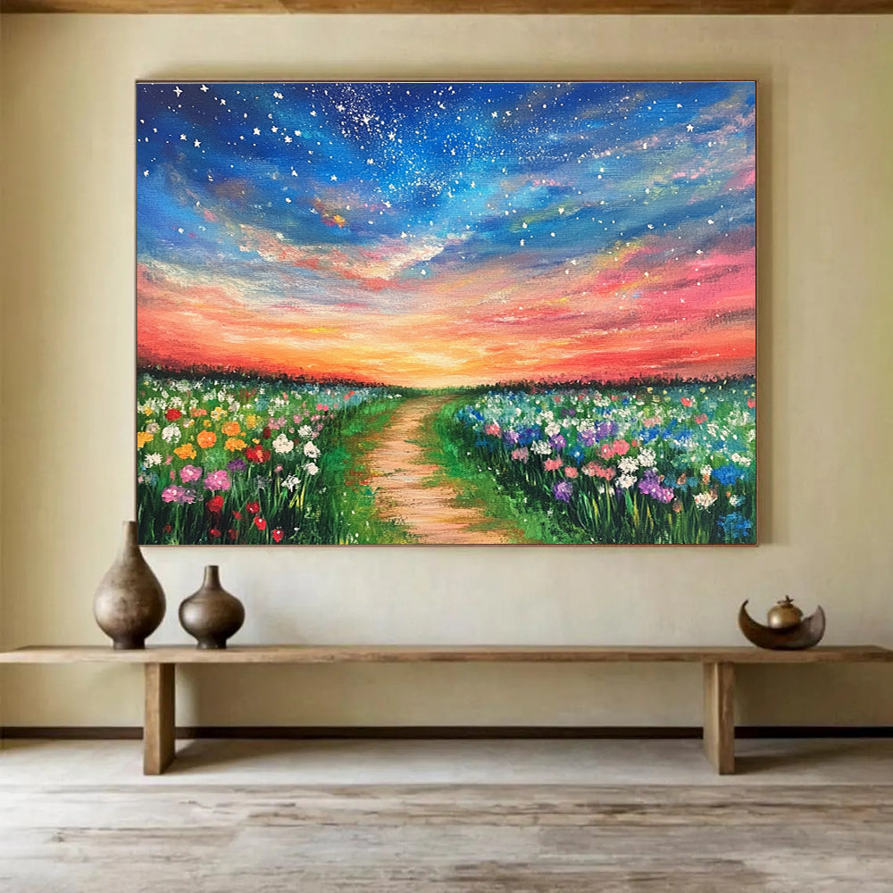 Colorful Floral Path Abstract Painting with Vibrant Sunset Hues DYP555