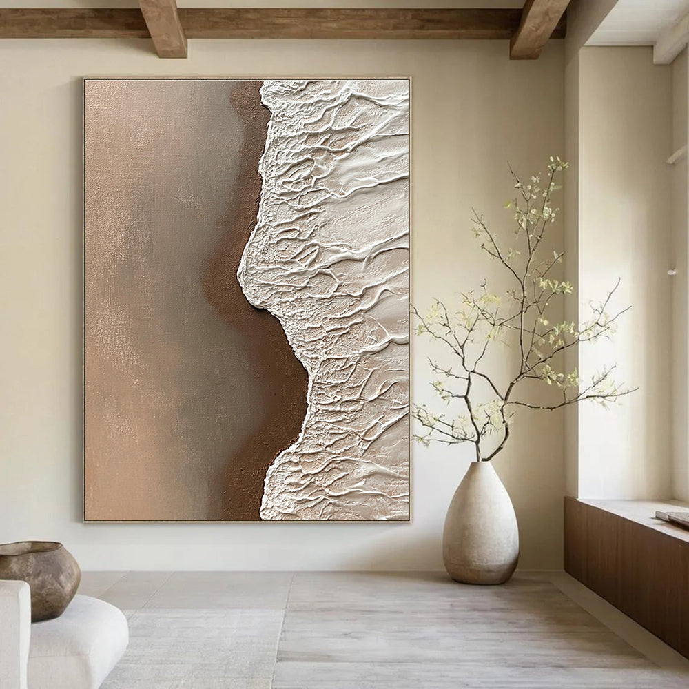Abstract painting of sand meeting water with intricate details of grains in natural tones creating a tranquil coastal atmosphere.STSC954