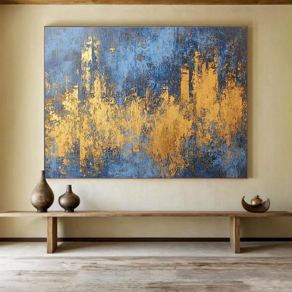 Blue and Gold Cityscape Abstract Painting with Distressed Textures DYP313