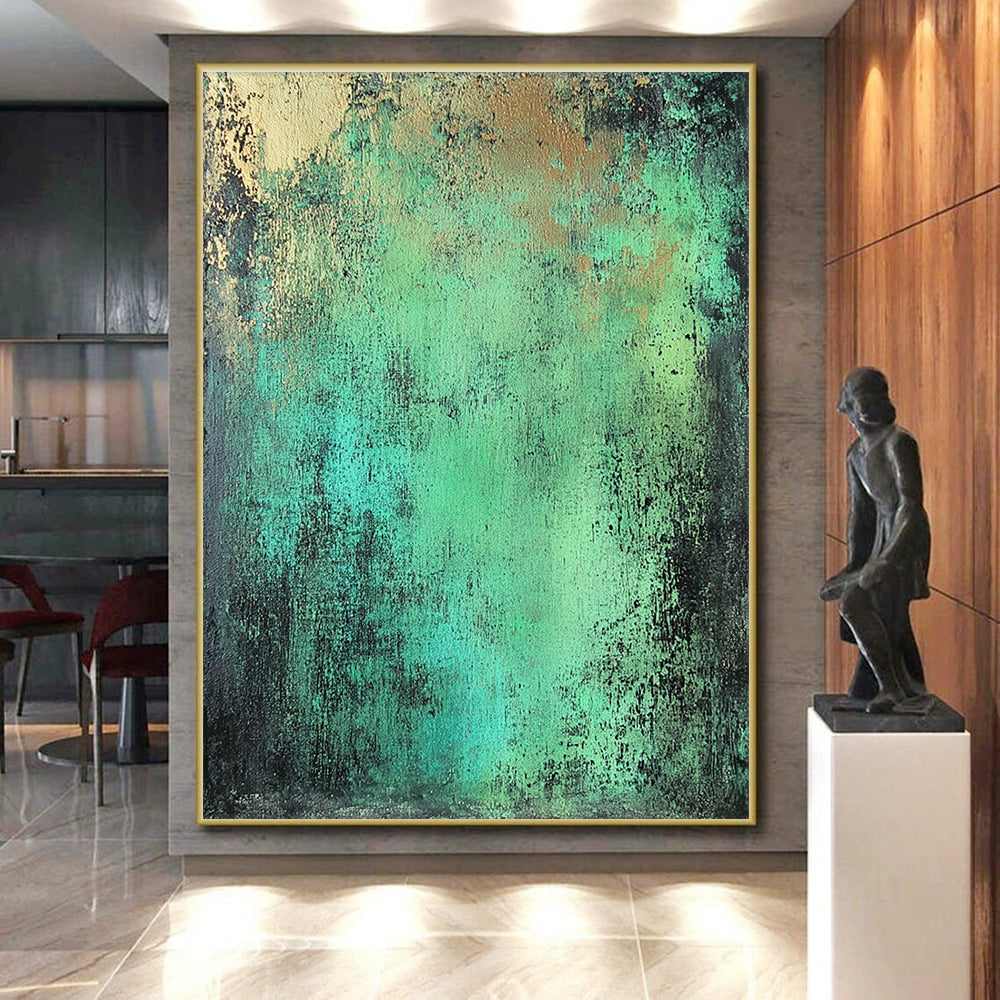 Green Blue and Gold Abstract Painting with Rustic Textures GER039