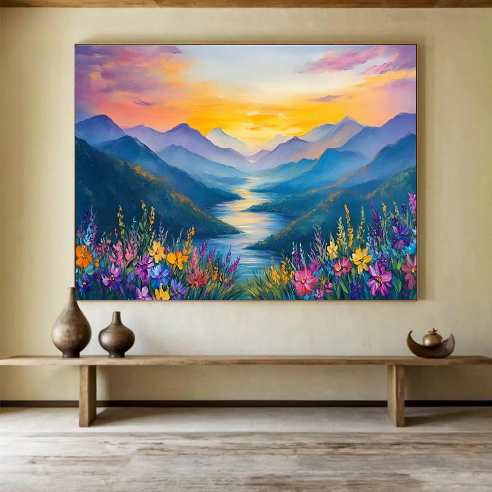 Sunset Mountain Valley Abstract Painting with Dramatic, Colorful Hues THY414