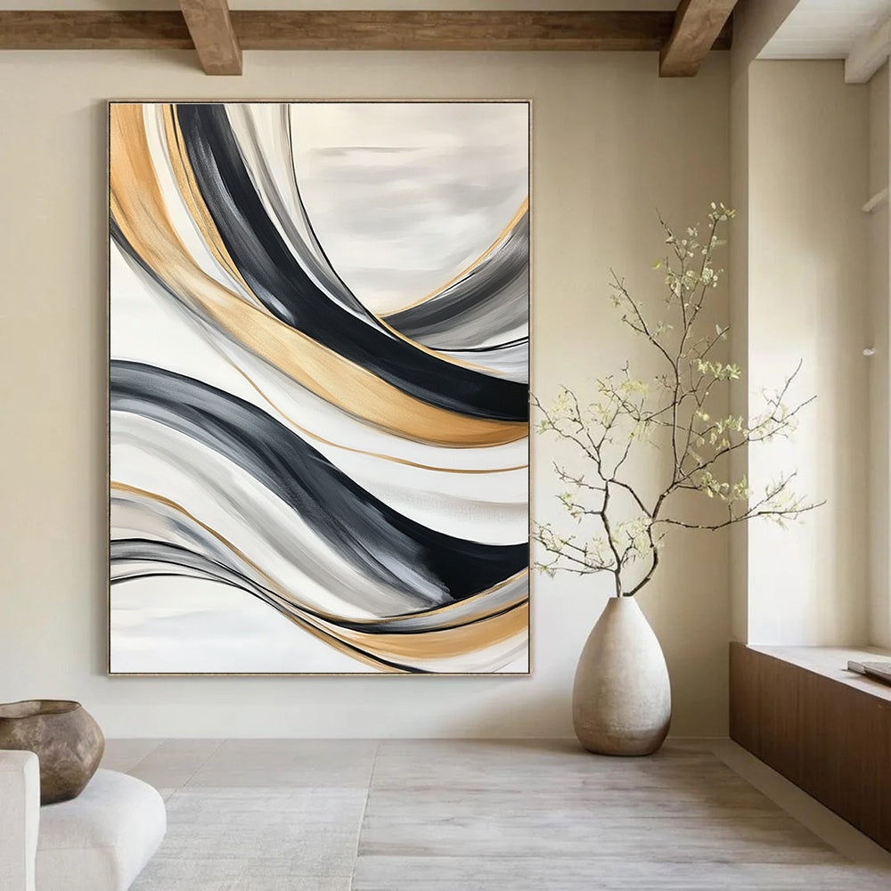 Large abstract painting with black gray and white lines featuring flowing forms swirling vortices soft edges blurred details and a gold accent.STSC739