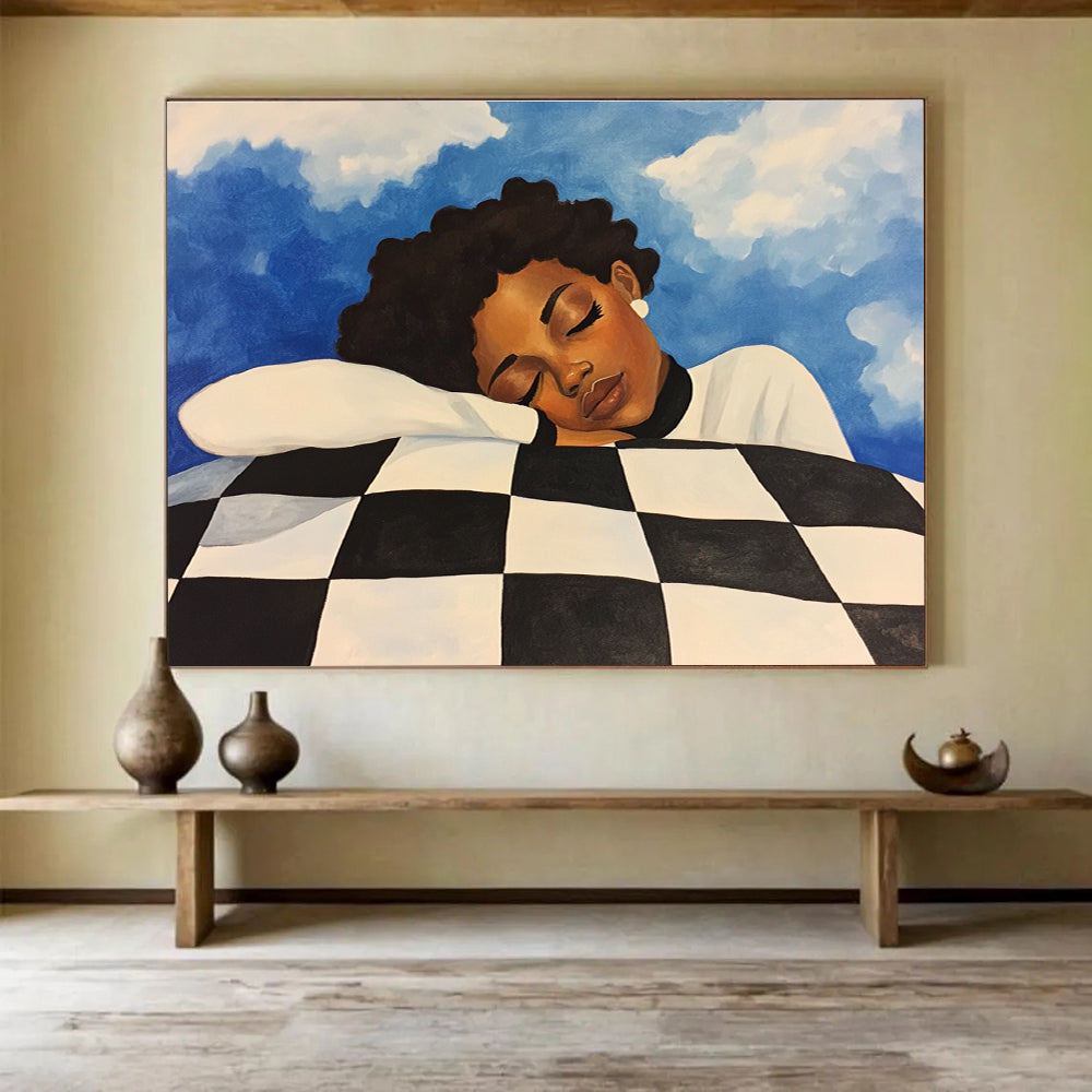 Dreamy Sleep Portrait Abstract Painting with Blue and Black White Tones DYP561