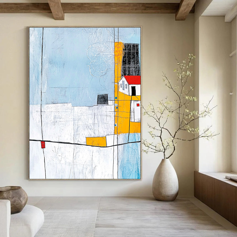 Abstract painting featuring soft lines and shapes with a light blue grey background and minimalistic house illustration in the corner.STSC688