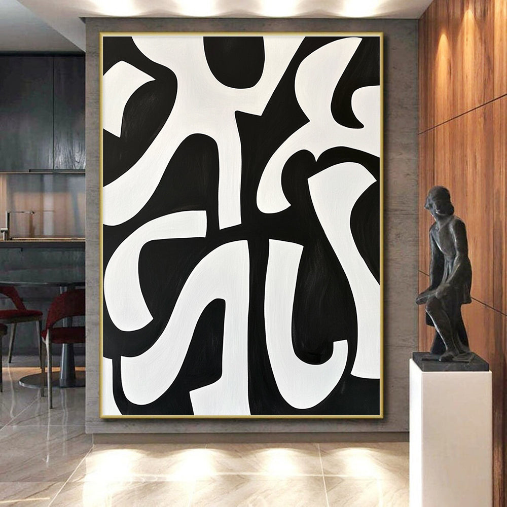 Bold Black and White Curved Abstract Painting GER236