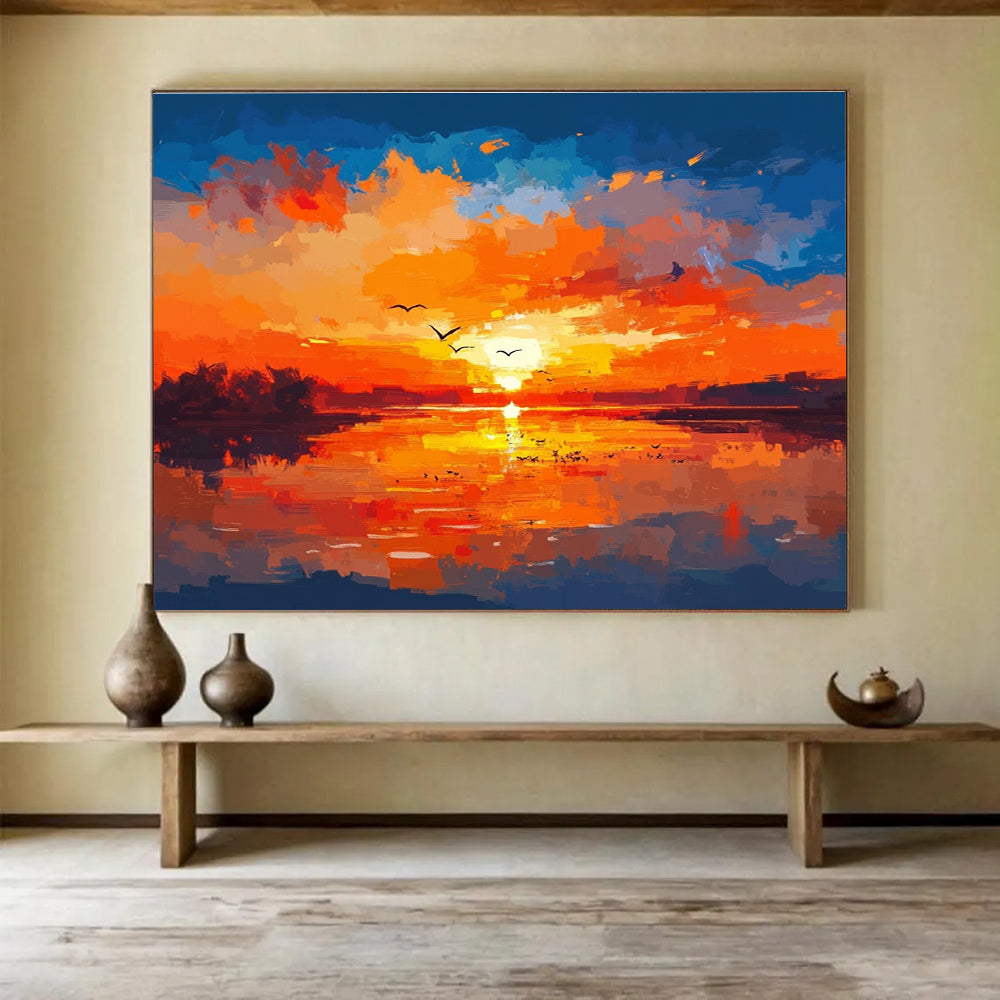 Large abstract painting featuring birds over water warm colors brush strokes reflections sunset sky tranquil atmosphereSC284