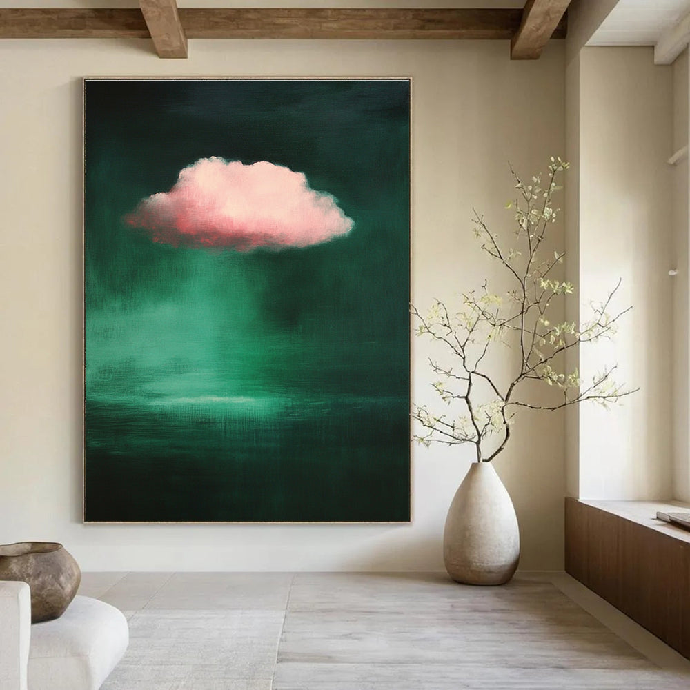 Large abstract painting featuring a pink cloud against a dark green background inspired by the style of Raimad Zinoglu.STSC1402