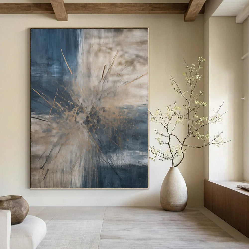 Blue and Beige Burst Abstract Painting with Dynamic Splashes ADGE119