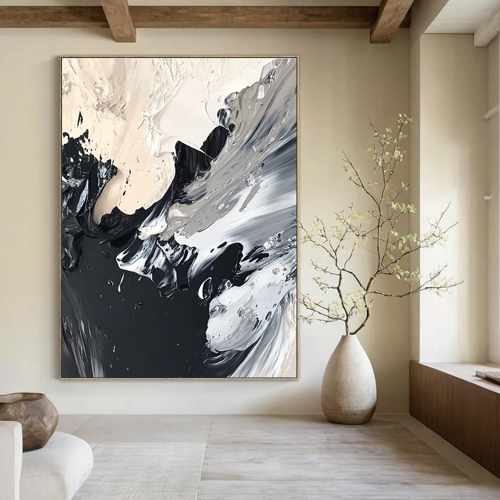 Abstract painting featuring black and white acrylics with organic textures and swirling patterns created using the wet-on-wet technique.STSC1277