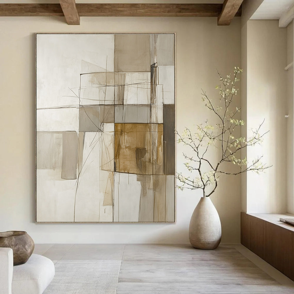 A large abstract painting of an architectural structure in soft neutral tones featuring lines and shapes in beige white grey and brown.STSC638
