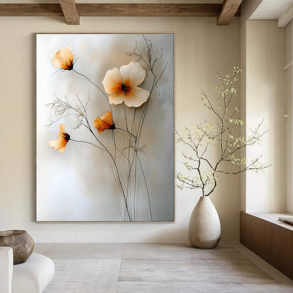 Large abstract painting featuring flowers, thin vines, and wildflowers in muted colors on a light background.STSC058