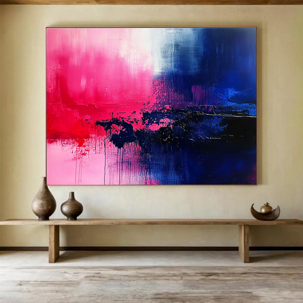 Large abstract painting featuring vibrant shades of blue pink red purple and black, ideal for contemporary decor.SC026
